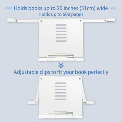 Metal Desk Book Stand for Reading with Adjustable Clips, Hands-Free Foldable Book Holder for Kids, Portable Document Stand for Desk, Display Stand for Recipes, Cookbooks, Tablets - Black