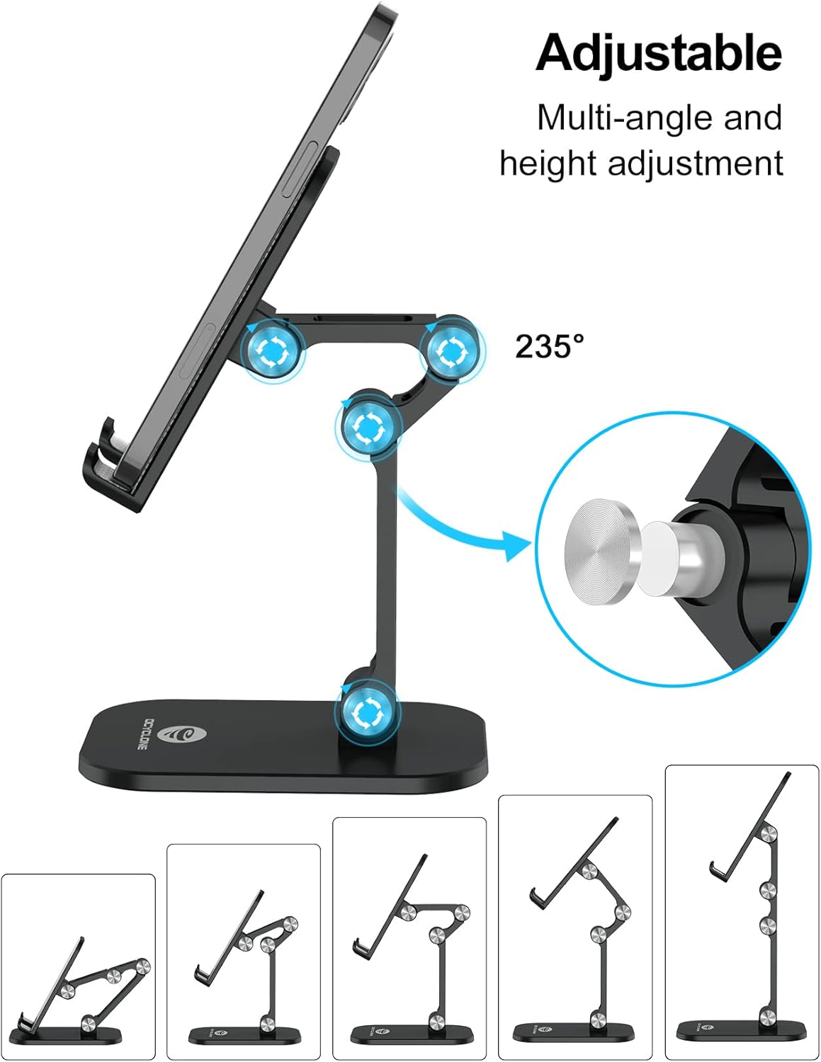 OCYCLONE Phone Stand, Cell Phone Stand Holder for Desk Office Accessories Adjustable Height and Angle Foldable iPhone Stand Compatible with 4"-13" All Phones iPad Tablet - Black