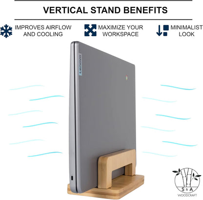 S&A WOODCRAFT 3 Slots Bamboo Wood Vertical Laptop Stand, Adjustable Wooden Laptop Holder, Non-Slip Laptop Dock Compatible with Apple MacBook, Microsoft Surface, Gaming Laptops, IPad, Tablets