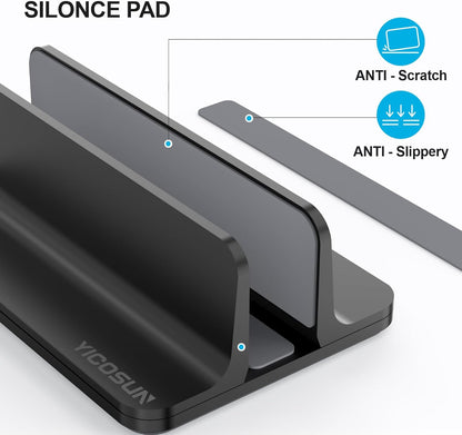 YICOSUN Dual-Slot Aluminum Vertical Laptop Stand for Desk - Adjustable Width Dock for MacBook, Surface, Samsung, HP, Dell up to 17.3 inches - Space-Saving & Protective Design - Gray