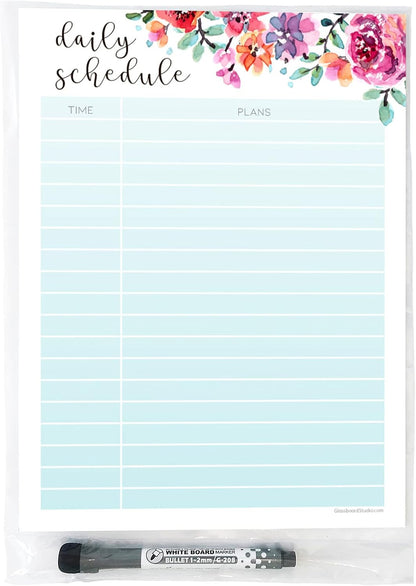 Dry Erase Daily Schedule Planner Sticker Decal by Glassboard Studio | Removable & Reusable | Magnetic Fine-Tip Marker Included (9 x 12 inches, White)