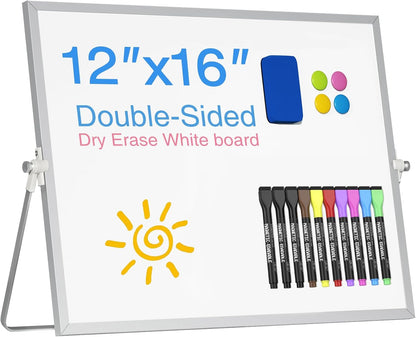 Magnetic Dry Erase White Board with Stand, 12'' x 16'' Desktop Weekly Schedule Board, 10 Markers, 4 Magnets, 1 Eraser, Double-Sided White Board Easel for Drawing School to Do List