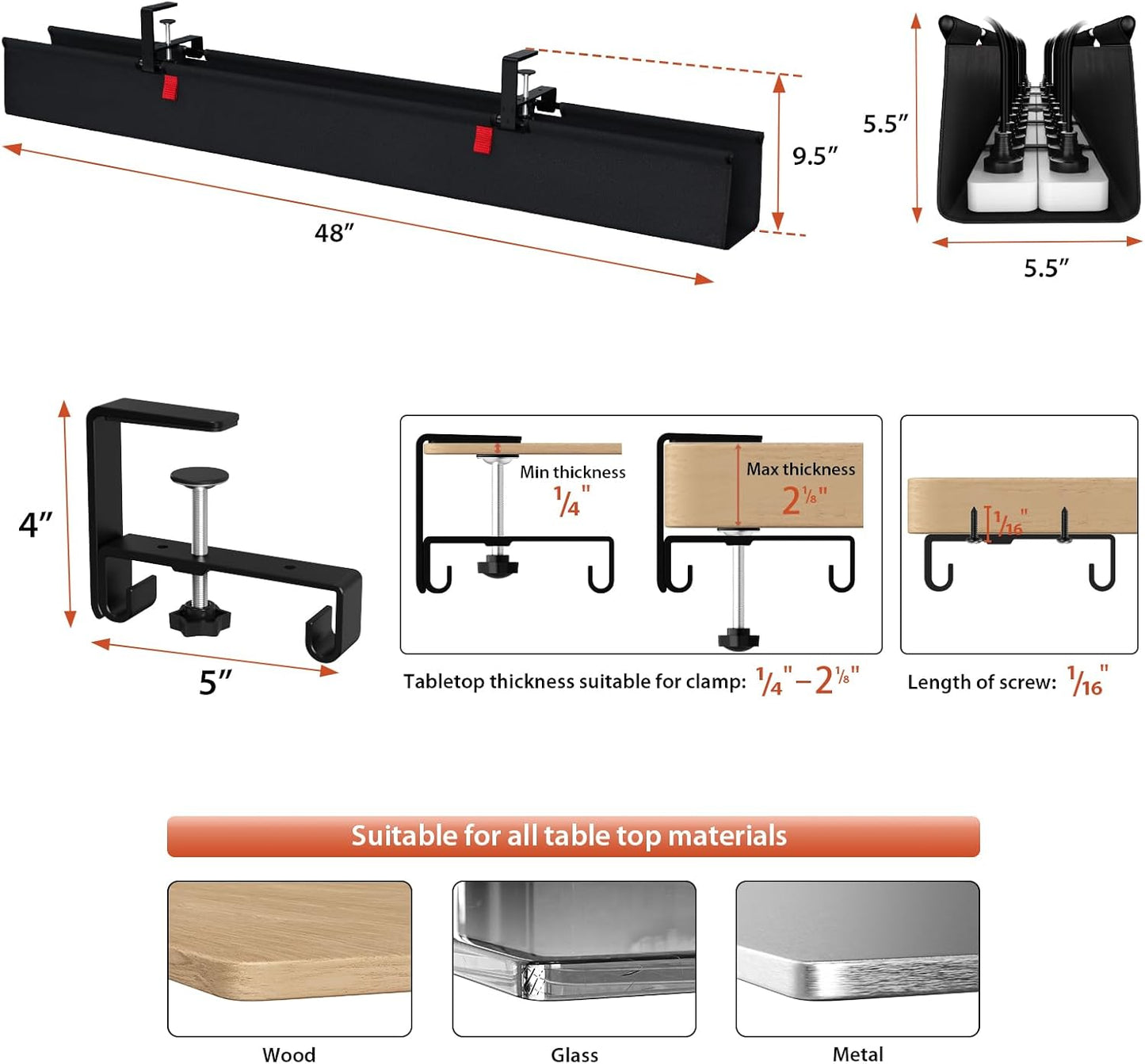 Univivi No Drill Under Desk Cable Management Tray, 36" Cord Organizer for Table, Clamp/Screw Mount Desk Cable Management, Premium Fabric Cable Management Tray for Office, Home