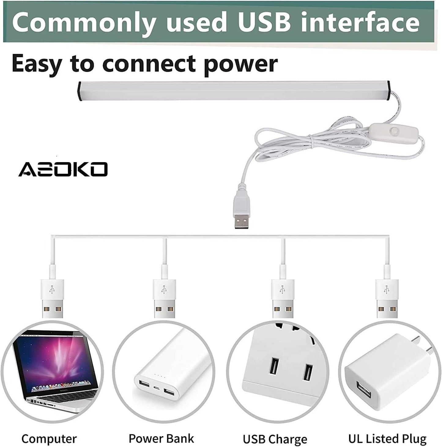 ASOKO Under Cabinet Led Lighting, 12 Inch Light Strip Bar, Daylight White 5000K Dimmable Plug in USB Light, Small Thin Led Under Counter Lighting for Kitchen/Room/Shelf/Desk/Display Case