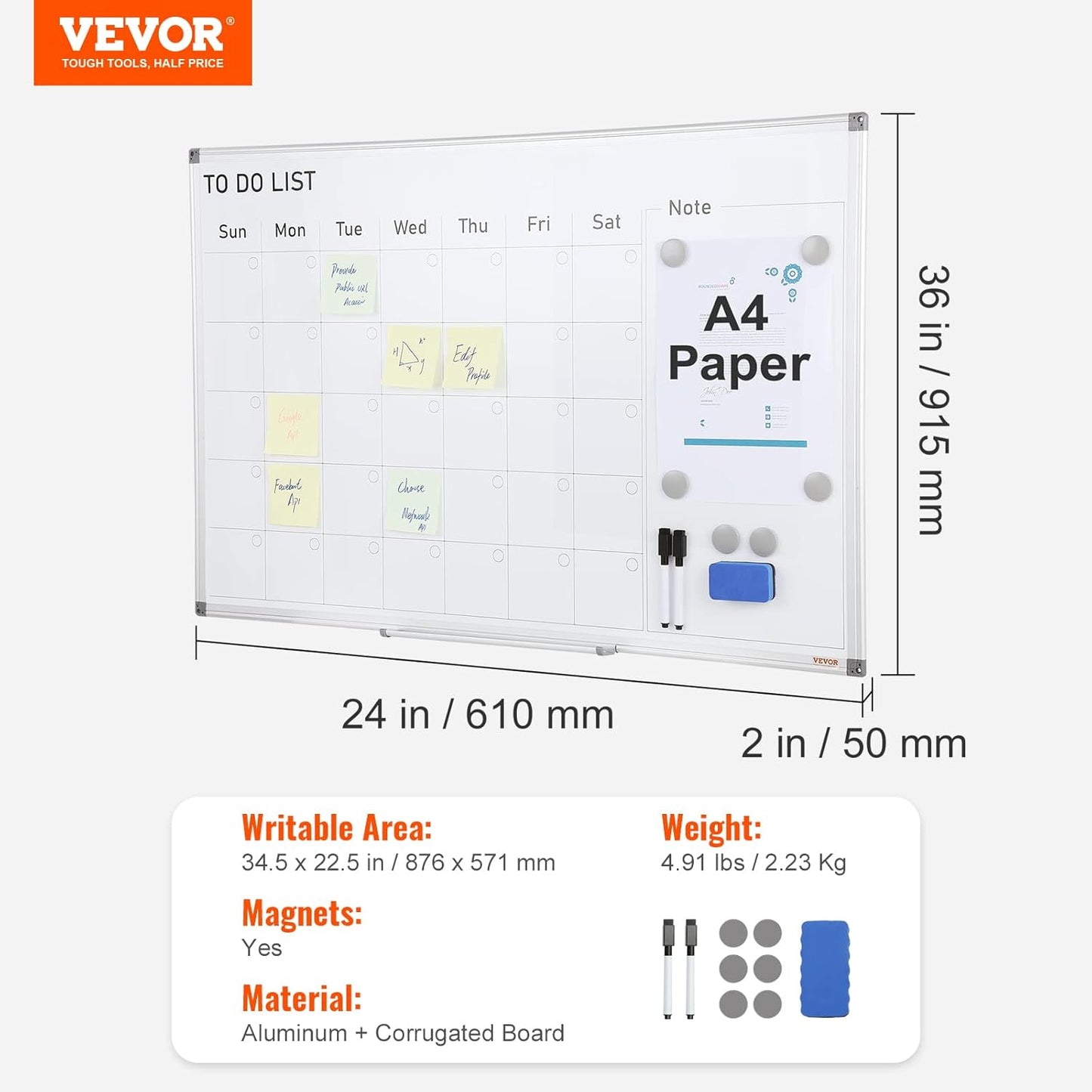 VEVOR Magnetic Glass Whiteboard, Dry Erase Board 36"x24", Wall-Mounted Large White Glassboard Frameless, with Marker Tray, an Eraser and 2 Markers, Black
