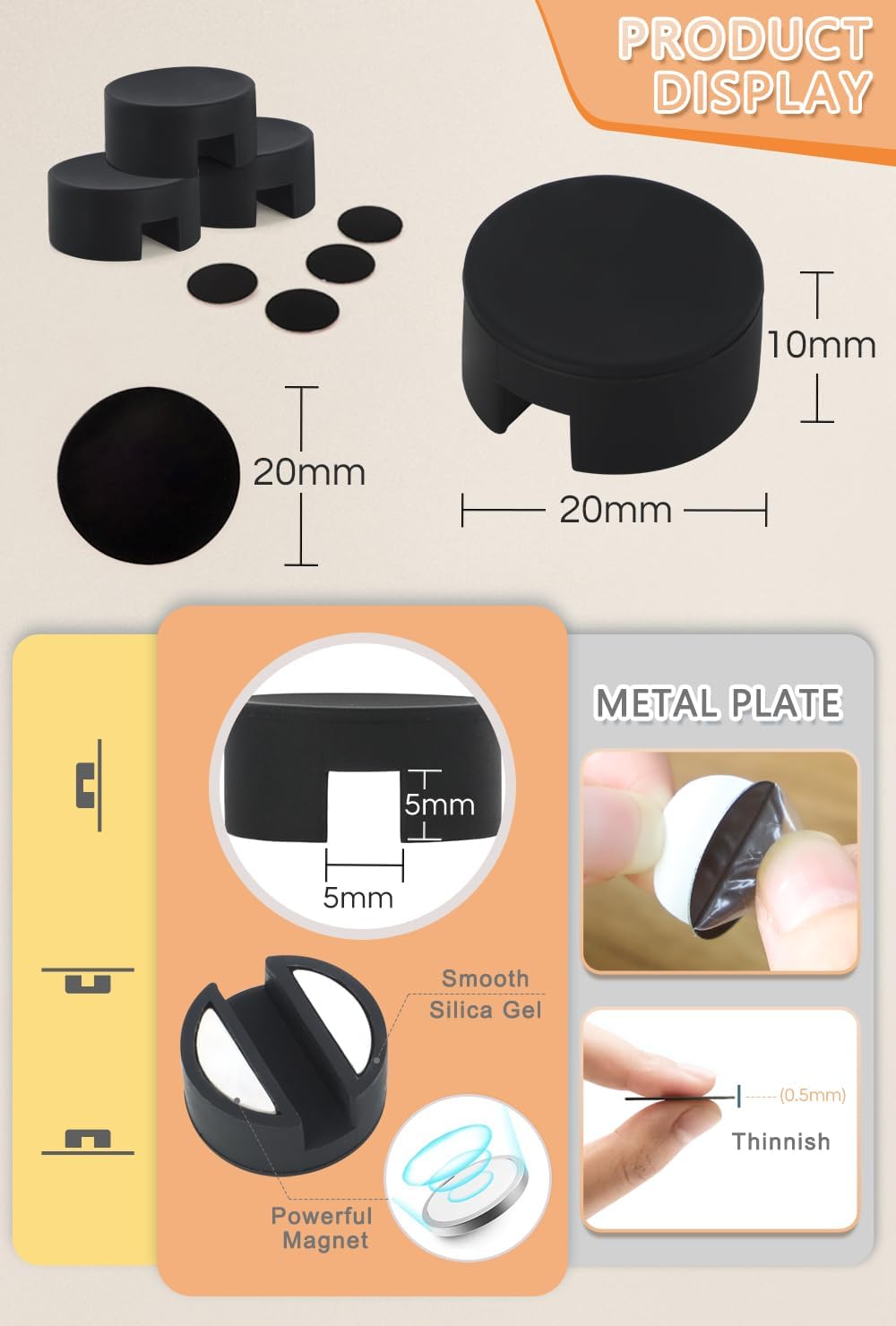 Maveek Magnetic Cord Clips Black, Silicone Cord Organizer Magnet Cable Holder Charging Cable Management Cord Keeper with Adhesive Metal Disc (5 Piece, Large Size)