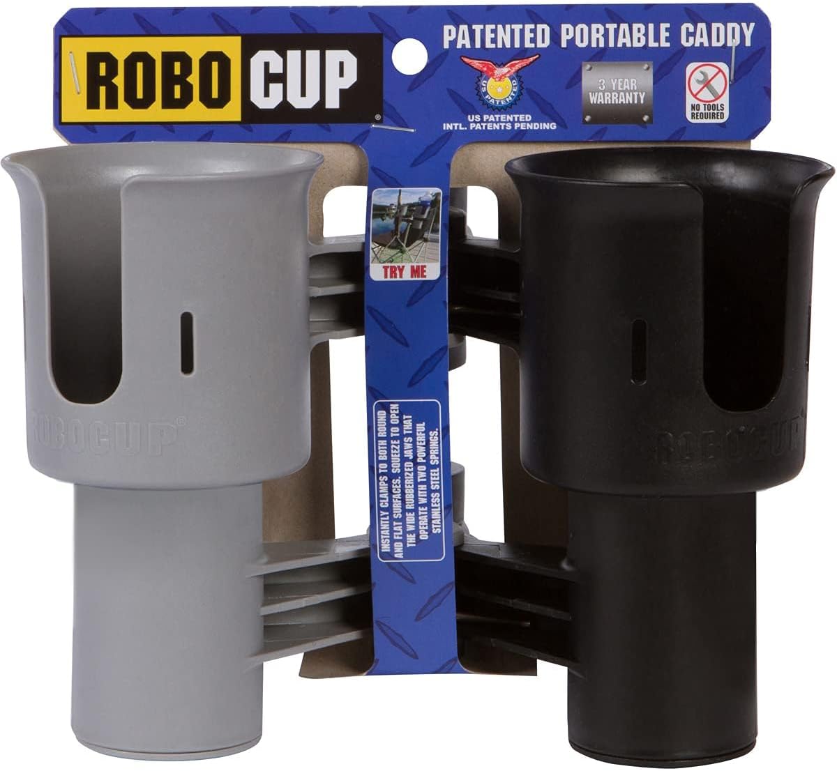 ROBOCUP, (White), Patented Clamp On Boat Cup Holder |Multifunction Dual Drink Caddy for Fishing Poles, Tools, Net, Gaff |Portable Storage for Boating, Beach, Umbrellas, Golf Carts, Strollers