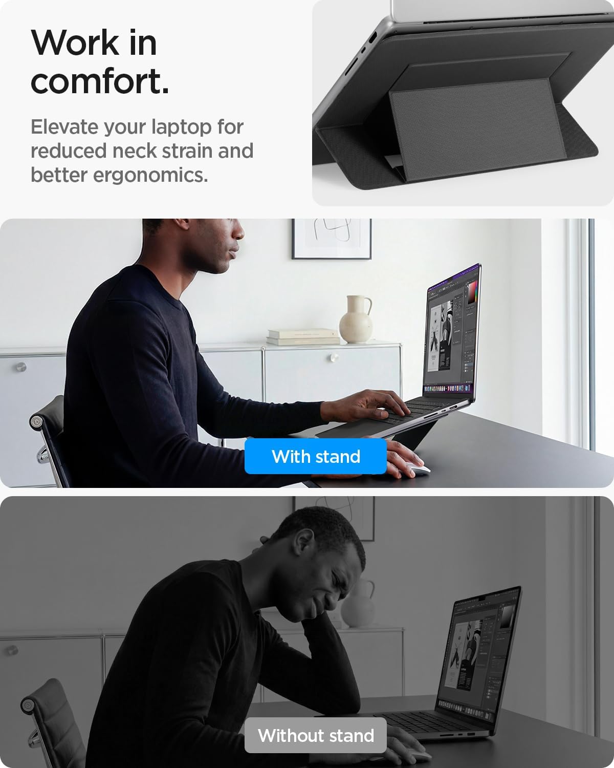 Spigen Slim Fold Portable Laptop Stand Keyboard Riser Foldable Ergonomic Angle Lift Anti-Slip Compatible with MacBook Neo, MacBook Air, MacBook Pro 11"-16" and iPad/Air/Pro and More - Black (LD201-S4)