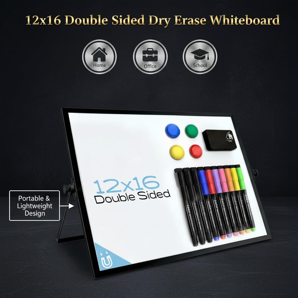 Magnetic Dry Erase Board 16x12 Inch - Double-Sided Desktop Whiteboard with 360° Rotating Stand - Small Portable White Board Set with 10 Markers, 4 Magnets, Eraser for Home Office, School, Desk