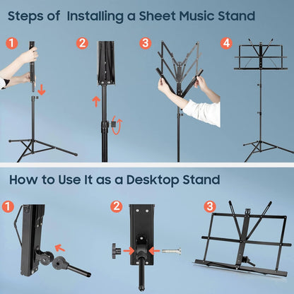 CAHAYA Portable Sheet Music Stand: Dual Use Desktop Book Holder Folding Lightweight Extra Stable Reinforced with Carrying Bag and Clip for Students Musicians Height Adjustable up to 54.3" CMS0204