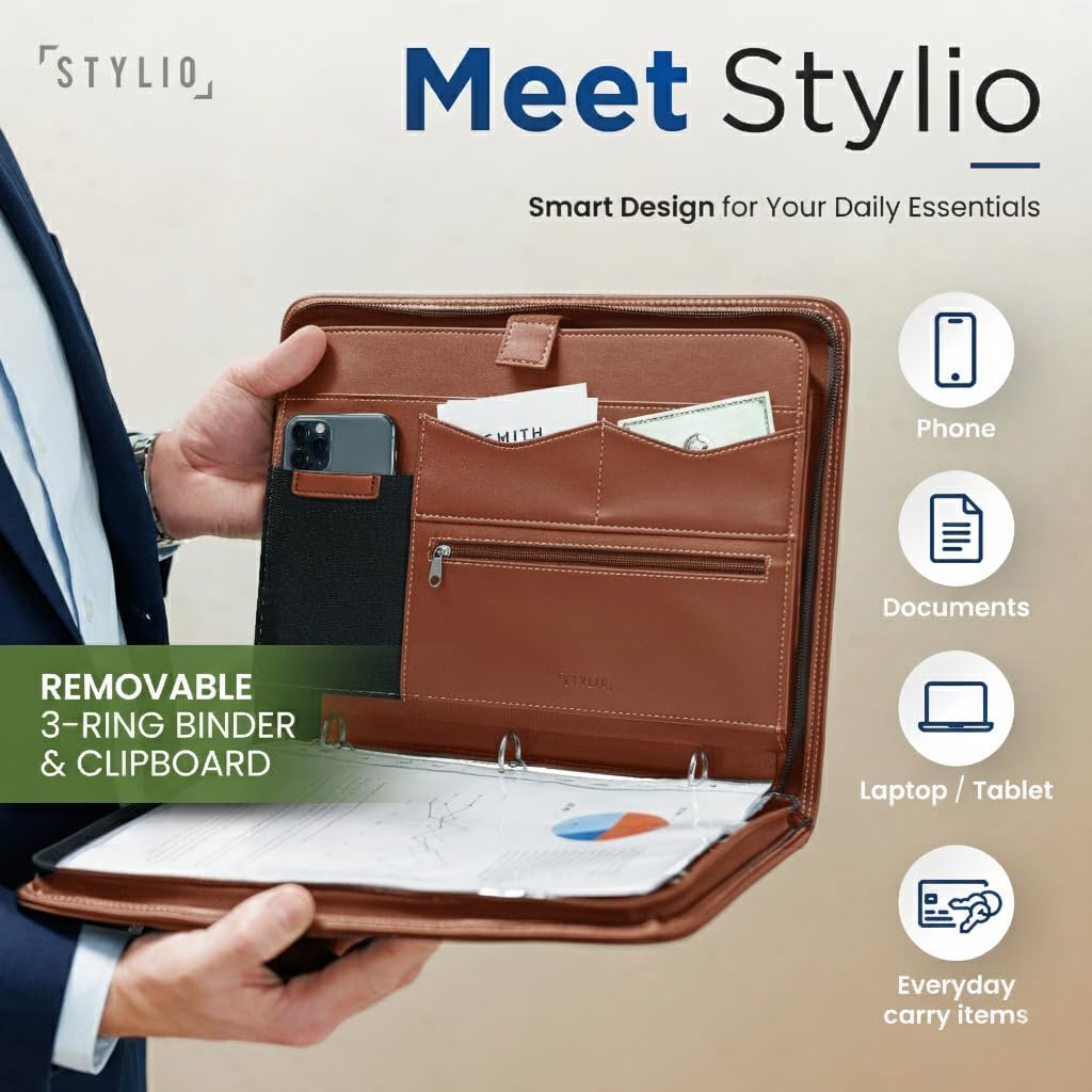 STYLIO Zipper Padfolio Portfolio Binder Organizer | Faux Leather Portfolio for Resume, Documents, Phone, Tablet, Business Supplies and Cards | Notebook Organizer with Letter Sized Notepad Included