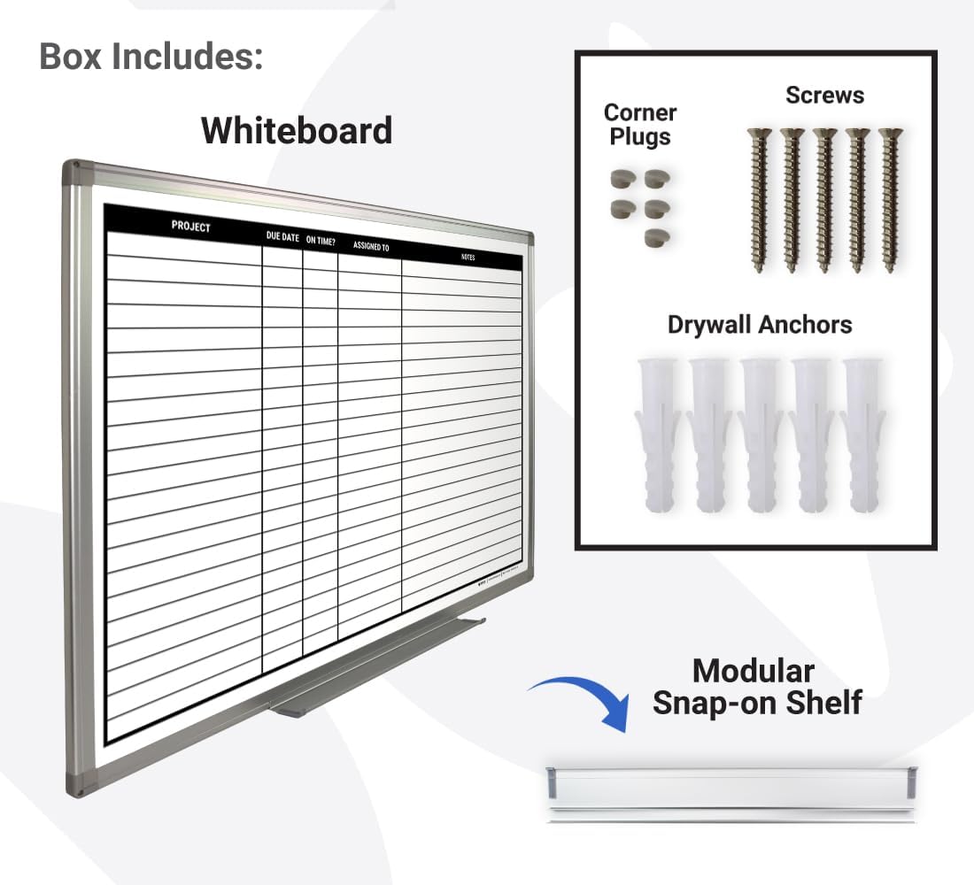 Magnetic Project Planning Dry Erase Whiteboard – Wall Mounted with Aluminum Frame & Marker Tray – Easy Erase Planning Board for Office, Teams & Scheduling 36" x 24"