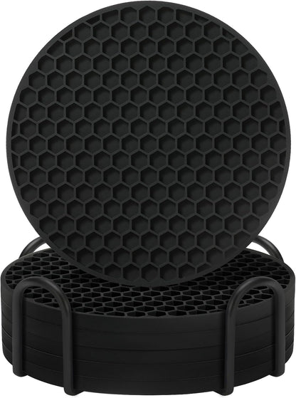 TWTLi Silicone Coasters Set of 8 with Holder,Coasters for Drinks,Beer,Coffee Coasters,Suitable for Kinds Cups,Hot or Cold,Anti-SLI,Non-Stick,Anti-Overflow Tabletop Protection and Decor (8 Pcs, Black)
