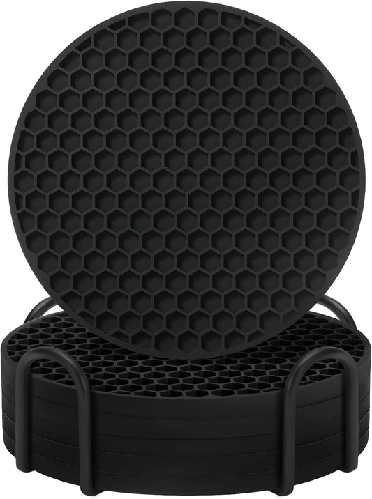 TWTLi Silicone Coasters Set of 8 with Holder,Coasters for Drinks,Beer,Coffee Coasters,Suitable for Kinds Cups,Hot or Cold,Anti-SLI,Non-Stick,Anti-Overflow Tabletop Protection and Decor (8 Pcs, Black)