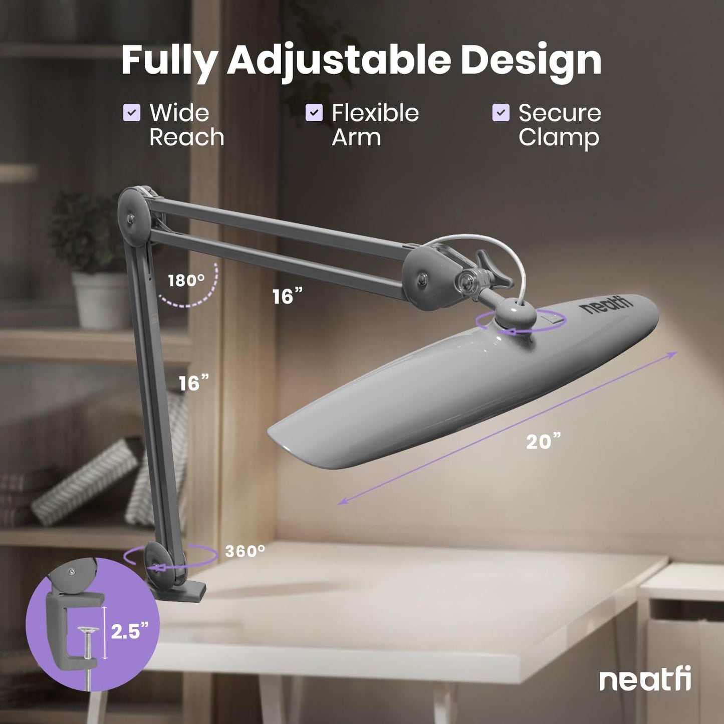 Neatfi XL 2200 Lumens 24W LED Desk Lamp – Shadow-Free Task Lighting | 4-Level Dimming | Home Office & Crafts Use | 20-Inch Wide Head (White, Non-CCT with Clamp)