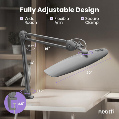Neatfi XL 2200 Lumens 24W LED Desk Lamp – Shadow-Free Task Lighting | 4-Level Dimming | Home Office & Crafts Use | 20-Inch Wide Head (White, Non-CCT with Clamp)