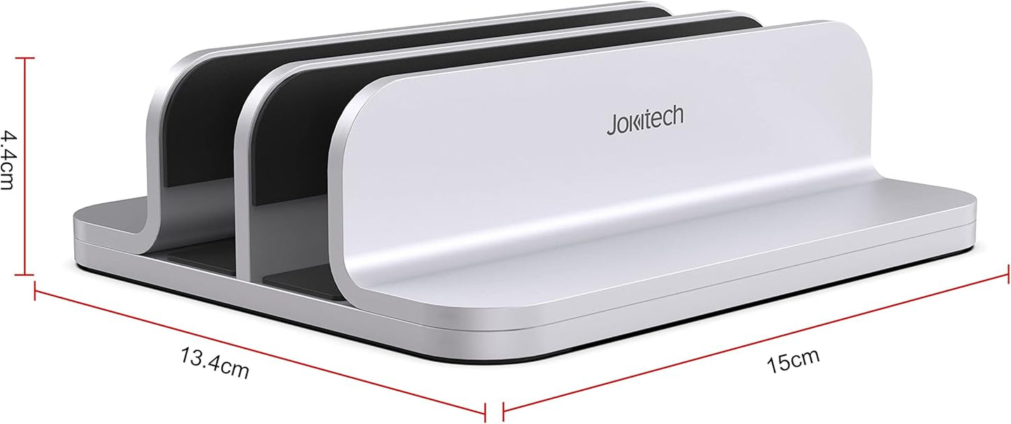 JOKItech Dual Aluminum Vertical Laptop Stand Organizer, Sturdy Notebook Computer Holder Stand Compatible with New Liquid Retina XDR Apple MacBook Air/Pro/Neo, Mac mini, Apple TV & iPad Pro - Spacegray