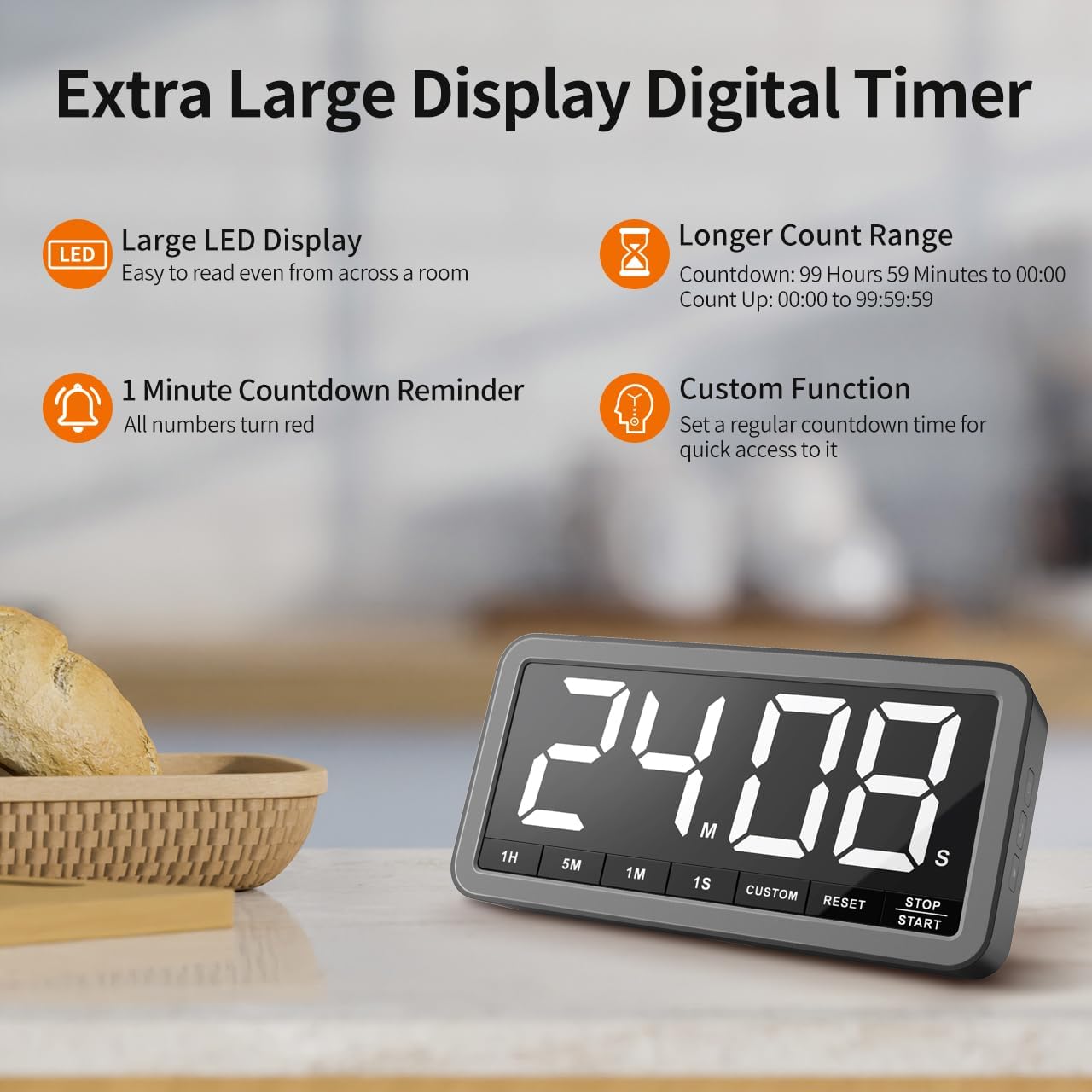 VOCOO Digital Kitchen Timer with 7.8” Extra Large Display, Magnetic LED, with 3 Brightness, 4 Alarms and 3 Volume Levels, Battery Powered Countdown Count Up Timer for Cooking, Classroom, Home Gym