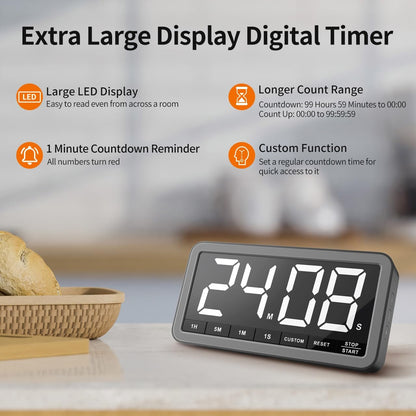 VOCOO Digital Kitchen Timer with 7.8” Extra Large Display, Magnetic LED, with 3 Brightness, 4 Alarms and 3 Volume Levels, Battery Powered Countdown Count Up Timer for Cooking, Classroom, Home Gym