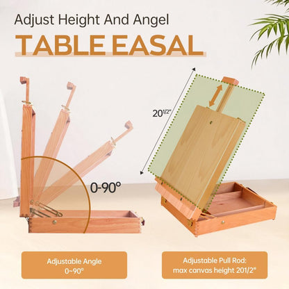 Wooden Art Easel for Painting & Sketching - Tabletop & Table Top Easel with Storage - Adjustable Height & Angle, Foldable - Perfect for Adults, Artists, Students & Beginners