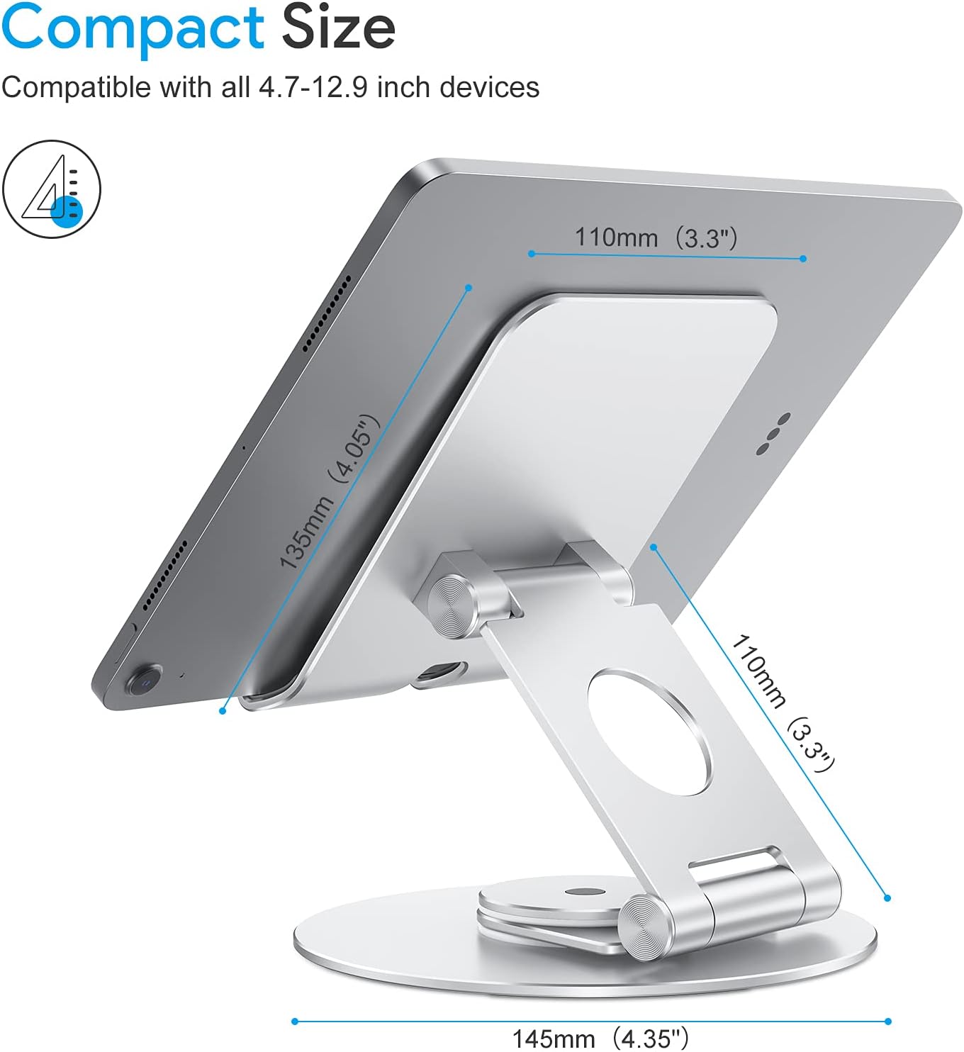 OMOTON T6 Swivel Tablet Stand for iPad with 360 Rotating Base, Foldable Adjustable Holder for Drawing, Compatible with iPad Pro/Air/Mini and More, Silver