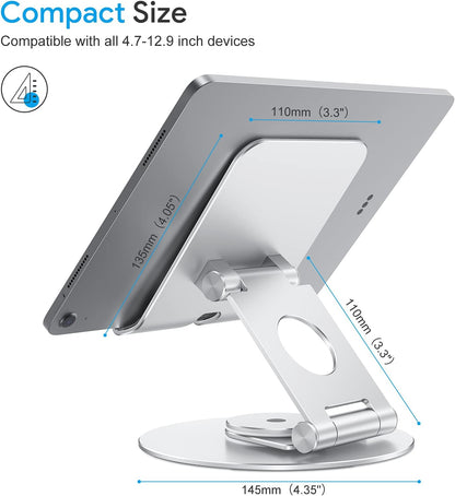 OMOTON T6 Swivel Tablet Stand for iPad with 360 Rotating Base, Foldable Adjustable Holder for Drawing, Compatible with iPad Pro/Air/Mini and More, Silver