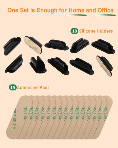 Tiizze 10 Pack Adhesive Pencil Holder for Desk, Silicone Pen Holder for Wall, Clipboard & Laptop with 15 Upgraded Sticky Pads, Rugged Grip Pencil Holders for Classroom Teacher Essentials (Black)