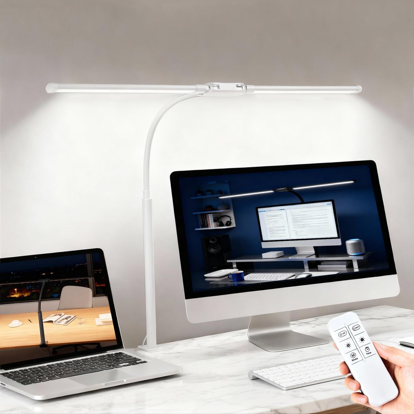 LED Desk Lamp with Clamp, Double Head Adjustable Architect Light, Eye-Caring Monitor Desk Lamp for Home Office, Flexible Gooseneck Task Lamp with 10 Brightness Levels & 5 Color Temperature Modes Black