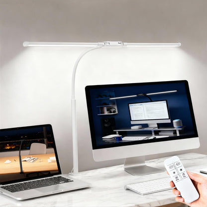 LED Desk Lamp with Clamp, Double Head Adjustable Architect Light, Eye-Caring Monitor Desk Lamp for Home Office, Flexible Gooseneck Task Lamp with 10 Brightness Levels & 5 Color Temperature Modes Black