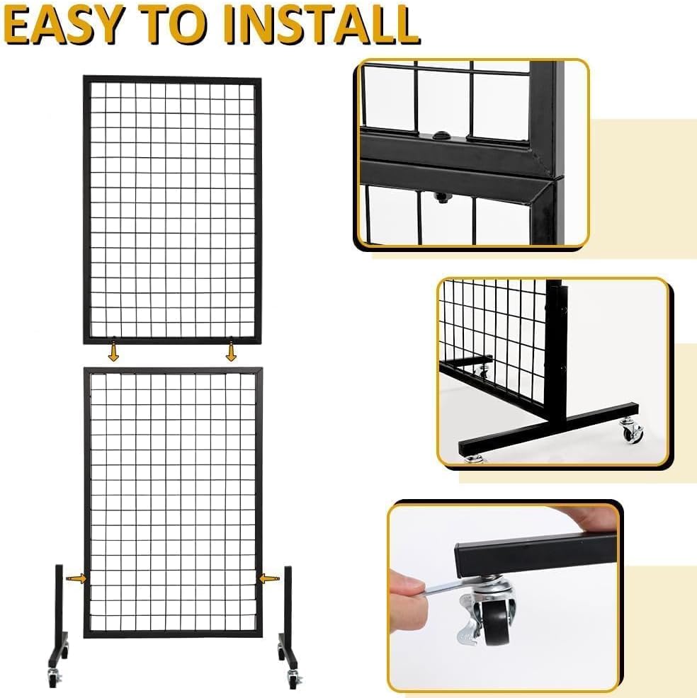 3 Packs 1.8' x 5.7' Grid Wall Panels Standing Wire Grid, Display Rack with T-Base Wheels Freestanding Gridwall Panel Tower for Shows, Black