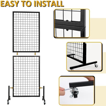 3 Packs 1.8' x 5.7' Grid Wall Panels Standing Wire Grid, Display Rack with T-Base Wheels Freestanding Gridwall Panel Tower for Shows, Black