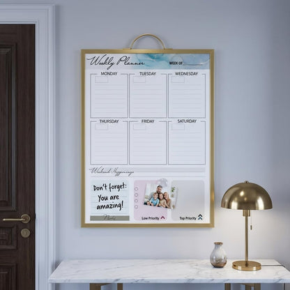 Magnetic Dry Erase Board 12x16 with Foldable Stand, Portable Gold Desktop Whiteboard for Home, Office, School & Kitchen, Includes Weekly & Monthly Magnetic Planner Sheets