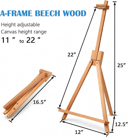 Falling in Art Beechwood 25" Tabletop Easel Display Stand for Painting - Holding Canvas Up to 22 1/2 Inches High, A-Frame Artist Tripod with Rubber Feet, Portable Photo and Sign Holder