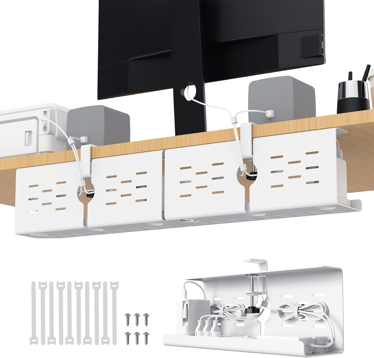 KEEGH 16" Under Desk Cable Management Tray, No Drill Clamp Mount, Desk Cord Organizer Upgrade Capacity, Cord Management Tray for Home Office, Gaming Desk, Standing Desk, Black, 2 Pack