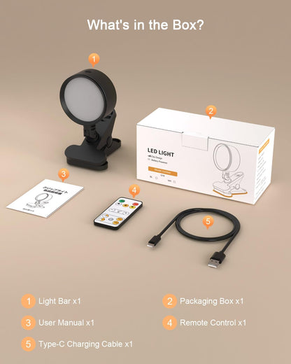 Clip on Light with 5000mAh Rechargeable Battery Operated, Eye Care Reading Light for Bed with 360° Rotation Touch & Remote, USB Clamp Light with 3 Color Modes & Dimmable for Headboard Bedside (white)