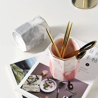 Pen Holder, Pencil Holder for Desk, Marble Desk Organizer Cute, Durable Ceramic Pencil Cup, Decorative Makeup Brush Holder Cup, Stationery Holder for Office, Home, Gray Marble