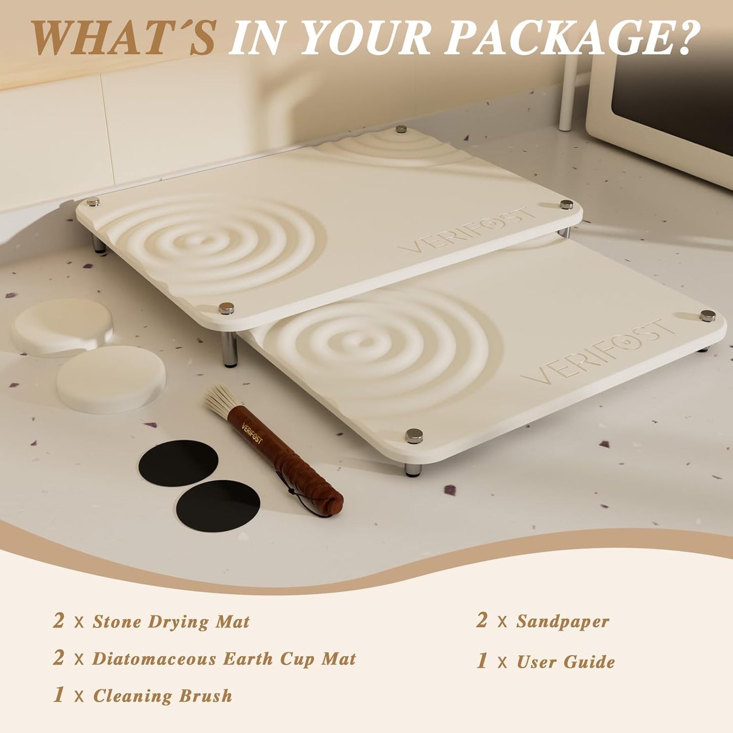 Pearl White 2Pcs Large Stone Dish Drying Mat with Acacia Wood Holder Stand for 1 Inch Cutting Board and Stone Drying Mat for Kitchen Counter Quick Dry Diatomaceous Earth Mat for Kitchen Counter