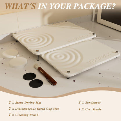 Pearl White 2Pcs Large Stone Dish Drying Mat with Acacia Wood Holder Stand for 1 Inch Cutting Board and Stone Drying Mat for Kitchen Counter Quick Dry Diatomaceous Earth Mat for Kitchen Counter
