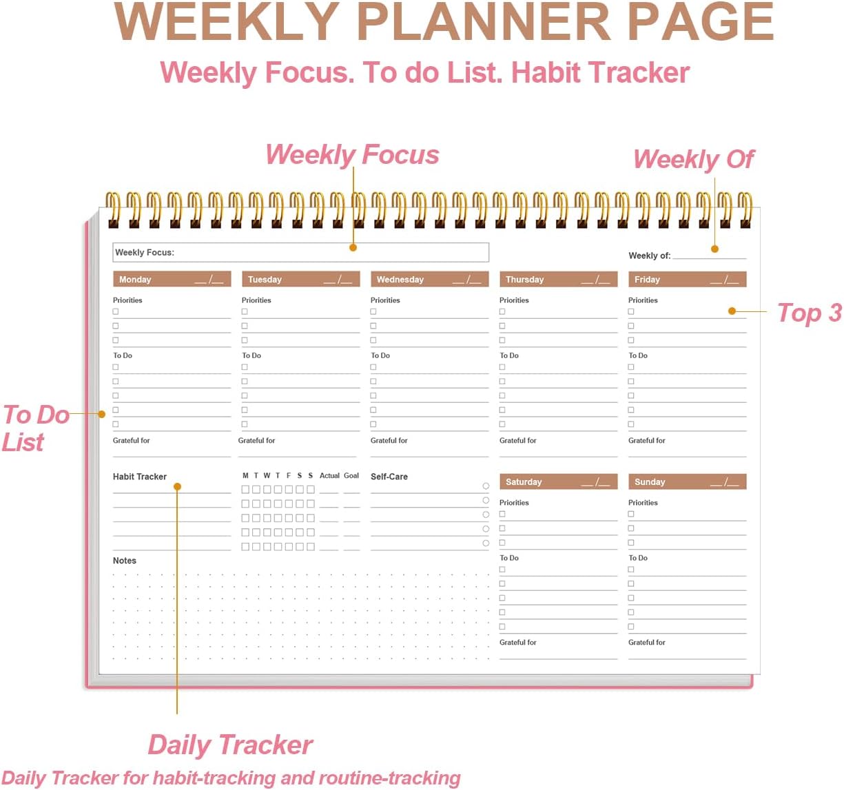 Weekly Productivity Planner - 8" x 11" Dashboard Desk Pad/Planner, Habit Tracker, Spiral Undated Weekly Planner for Office/School/Home, 54 Weeks, Black