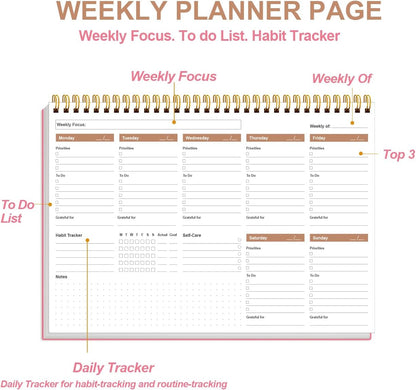 Weekly Productivity Planner - 8" x 11" Dashboard Desk Pad/Planner, Habit Tracker, Spiral Undated Weekly Planner for Office/School/Home, 54 Weeks, Black