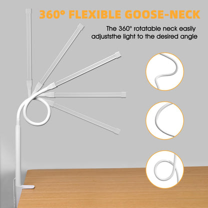 Voncerus LED Desk Lamp with Clamp, Eye-Caring Clip on Lights for Home Office, 3 Modes 10 Brightness, Long Flexible Goose-Neck, Metal, Swing Arm Architect Task Table Lamps with USB Adapter, White