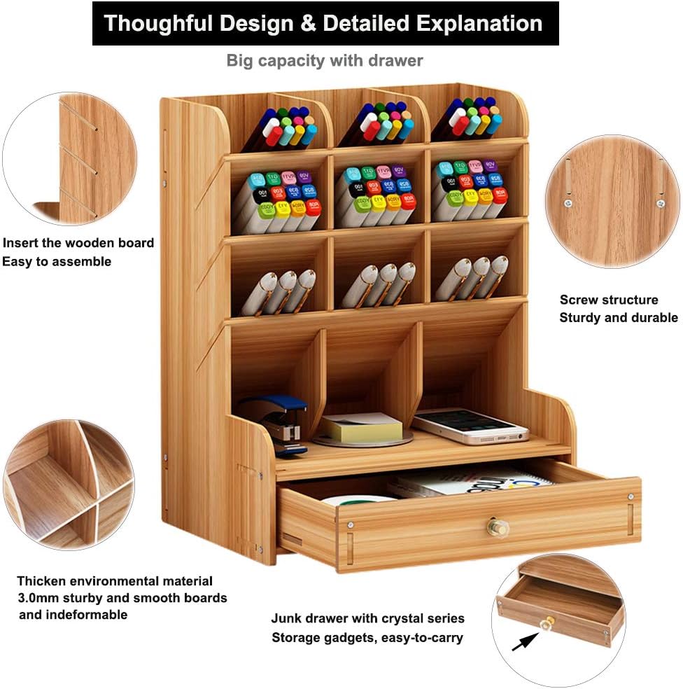 Marbrasse Wooden Desk Stationary Organizer, Multi-Functional Pen Holder, Storage Rack for School Home Office Art Supplie (B16-Cherry Color)