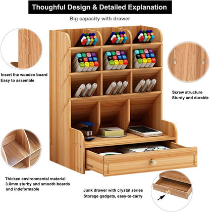 Marbrasse Wooden Desk Stationary Organizer, Multi-Functional Pen Holder, Storage Rack for School Home Office Art Supplie (B16-Cherry Color)