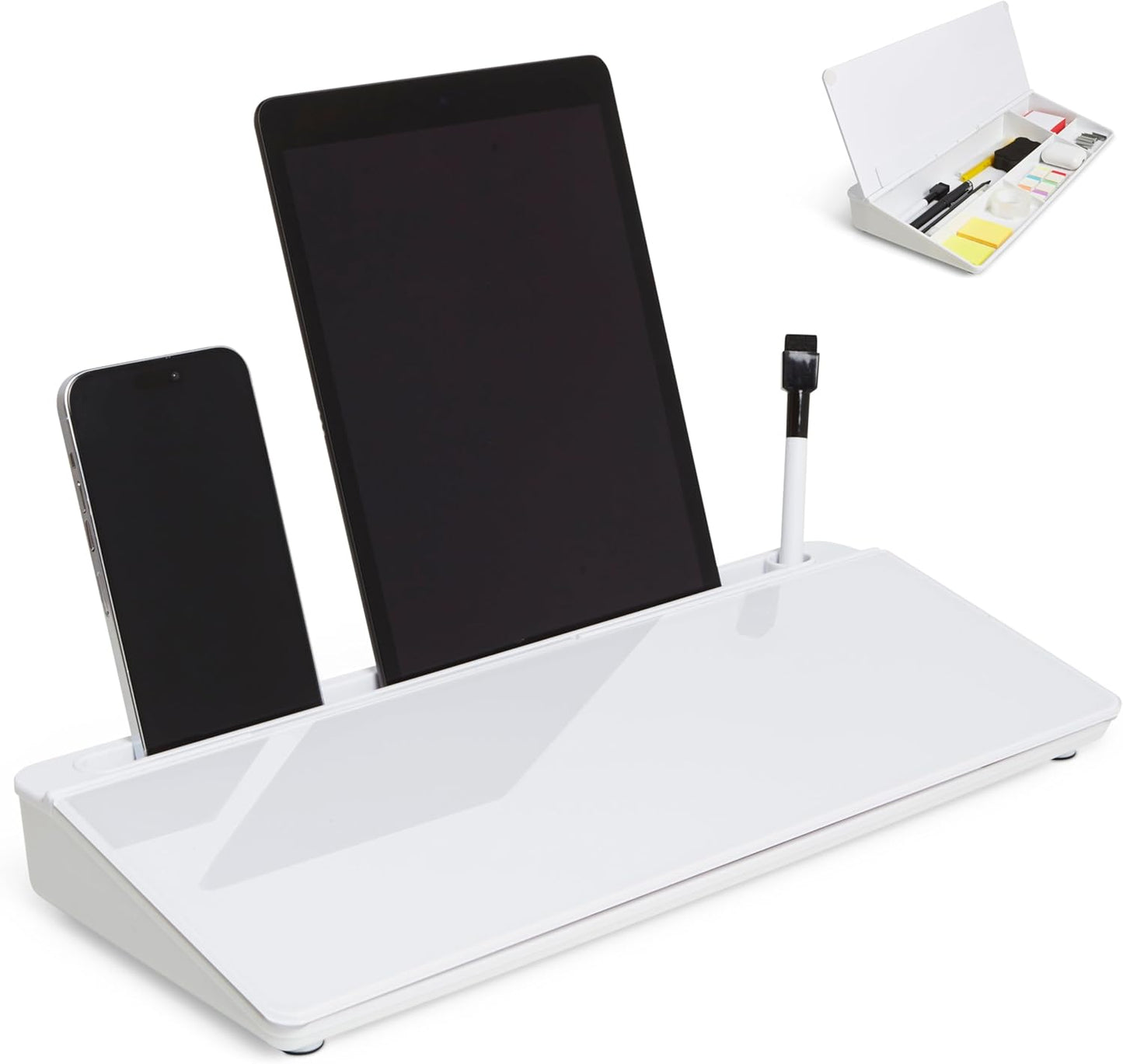 GAROOD Desktop Whiteboard with Storage Desk White Board Desk Board Glass White Board with Stand Home Office Organizer Phone Holder 15.8X7X2 inches