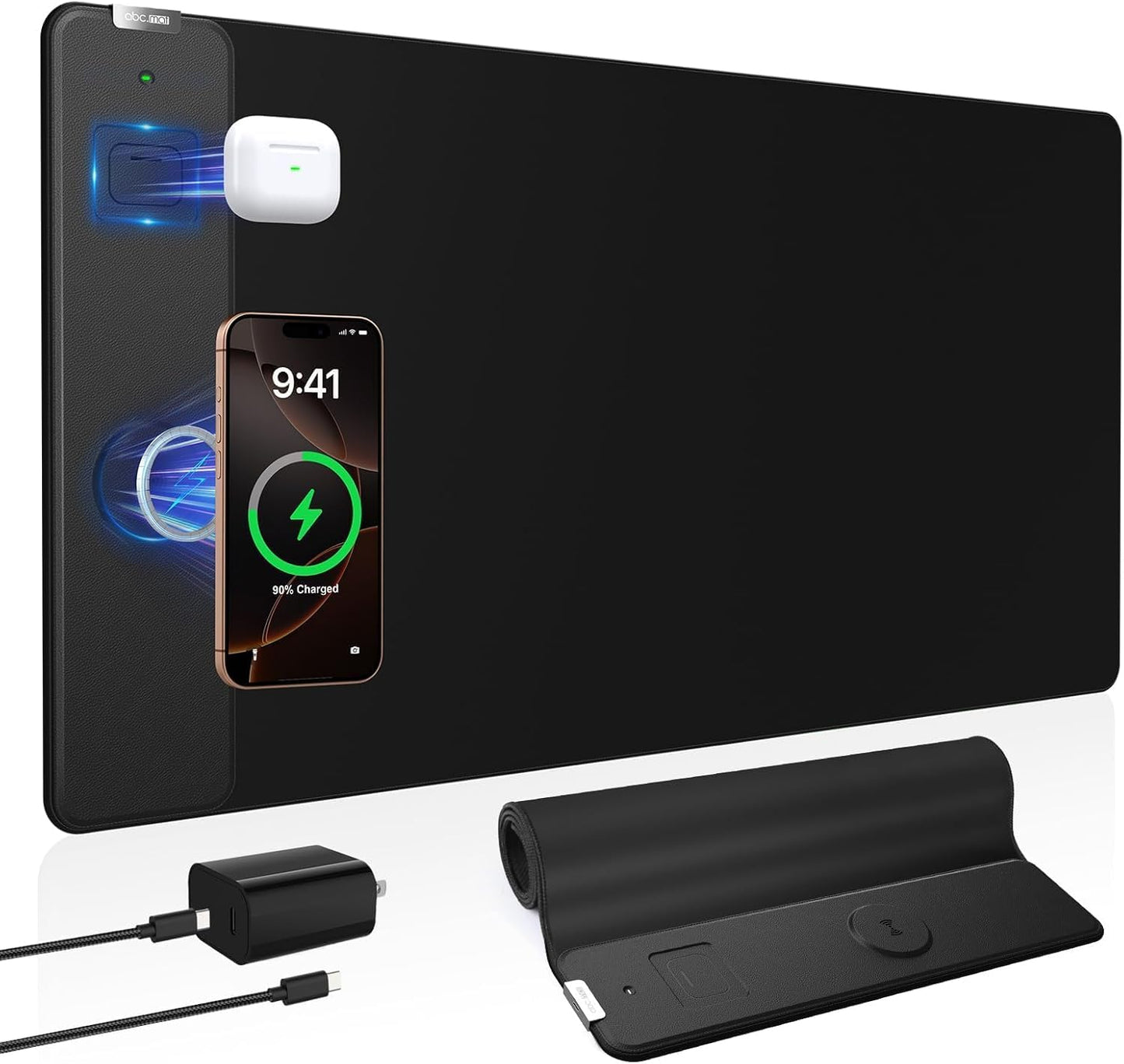 Wireless Charging Mouse Pad with Foldable Phone Holder, 31.5"x15.8" Large Desk Mat for Laptop/Keyboard, Waterproof Ultra-Smooth Surface, Non-Slip Base, Black