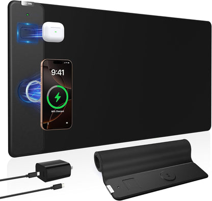 Wireless Charging Mouse Pad with Foldable Phone Holder, 31.5"x15.8" Large Desk Mat for Laptop/Keyboard, Waterproof Ultra-Smooth Surface, Non-Slip Base, Black
