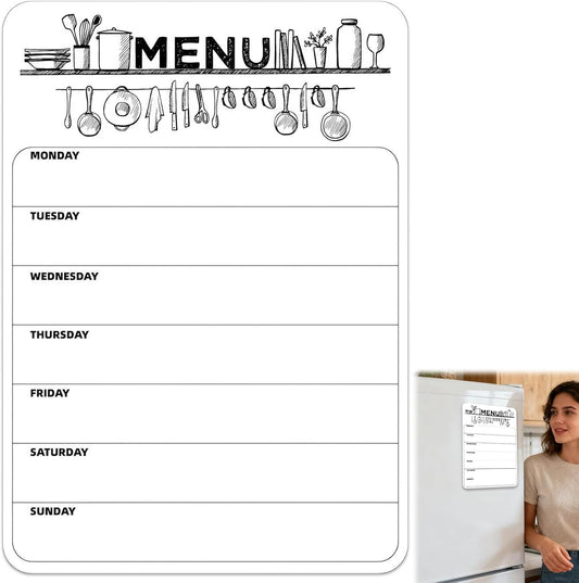 Magnetic Weekly Meal Planner for Refrigerator, 8x12'' Dry Erase Menu Board, Stain Resistant Whiteboard, Strong Magnetic Backing, Ideal for Families, Students, Roommates, Notes, Grocery Lists (A)