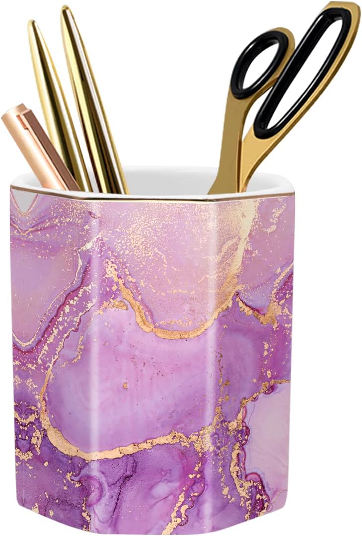 Pen Holder, Pencil Holder for Desk, Marble Desk Organizer Cute, Durable Ceramic Pencil Cup, Decorative Makeup Brush Holder Cup, Stationery Holder for Office, Home, Gray Marble