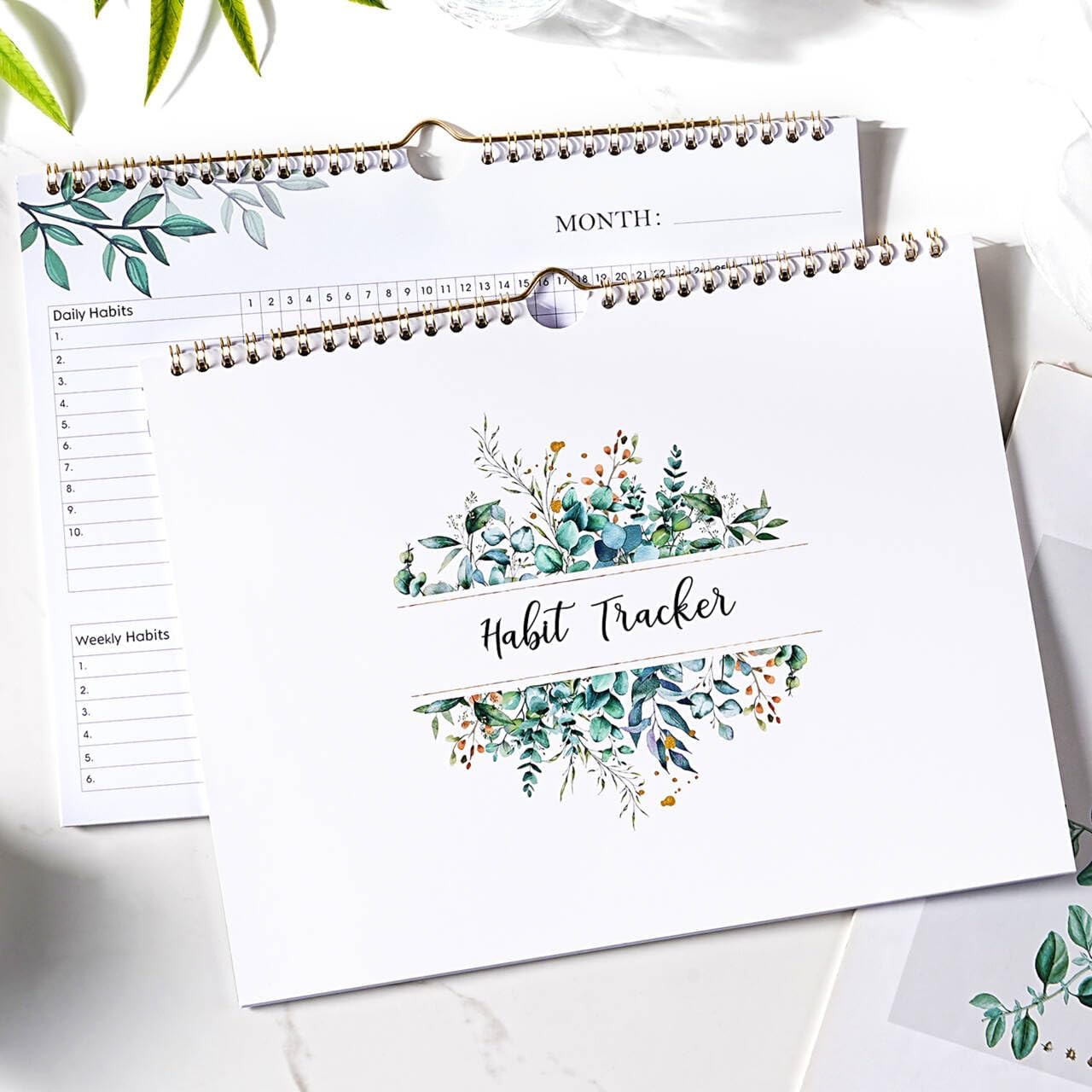 Habit Tracker Calendar - 12 Months Undated Daily Planner, 8"x10", Weekly & Monthly Period Habit Tracker Journal, Floral, Spiral Binding with Writable Goals Habits Track