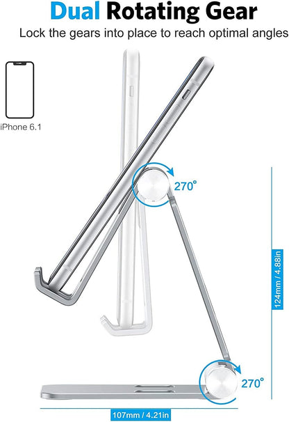 OMOTON Foldable Cell Phone Stand, C4 Portable Aluminum Phone Holder, Adjustable Phone Dock Cradle for iPhone 17/16/15 Pro Max Air, Small Tablets, Smart Phones, Women Men Gift for Fathers Day, Silver